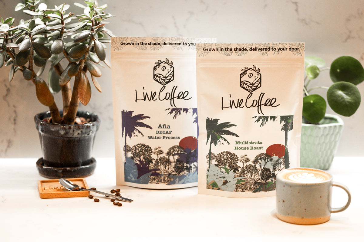 Two bags of Live Coffee with a mug and plants on a table.