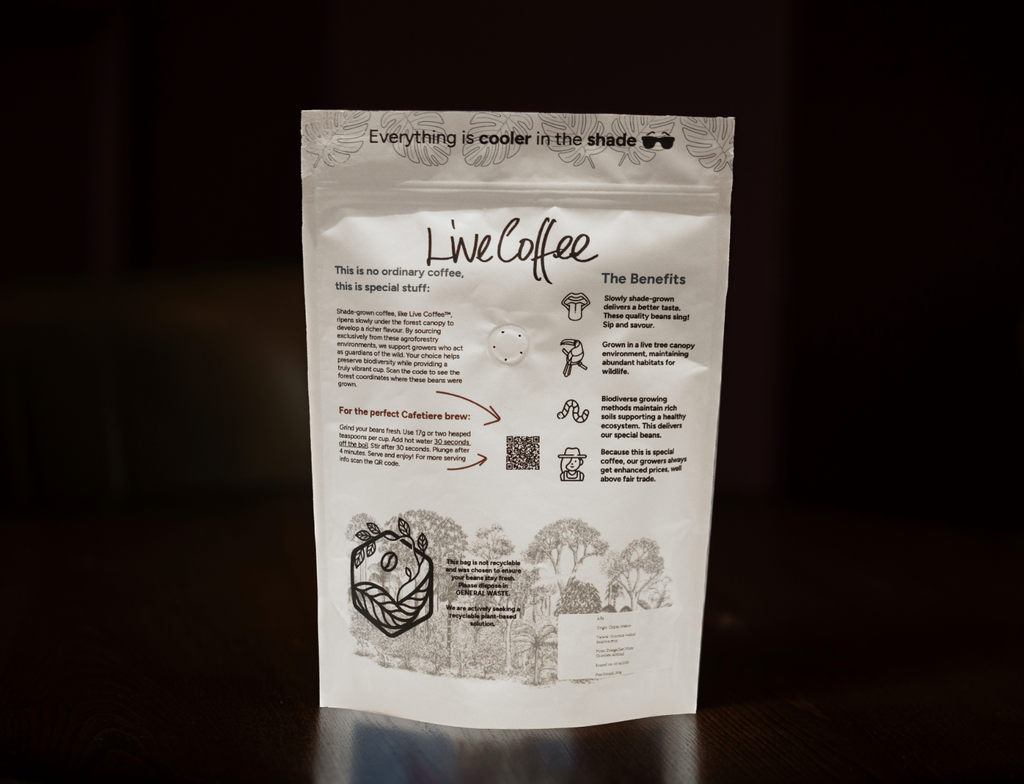 Coffee package with text and graphics on a dark background