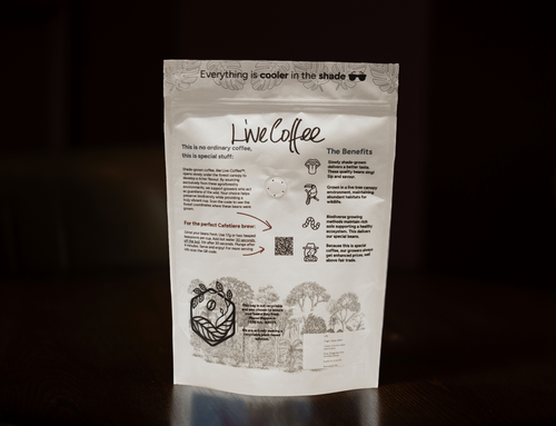 Coffee package with text and graphics on a dark background
